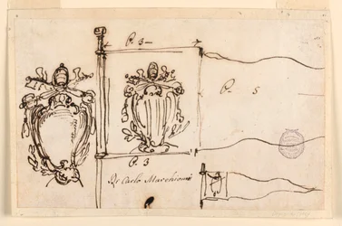Teckning, Tre skisser till en standar av påven Benedictus XIV, 1740-58