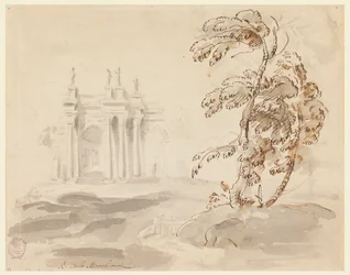 Teckning, Träd i landskap med byggnad, 1756-78