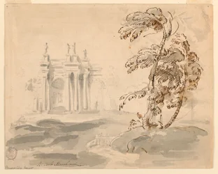 Teckning, Träd i landskap med byggnad, 1756-78