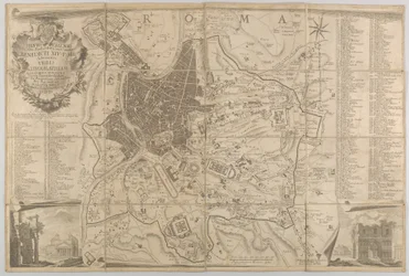 Plan över det antika Rom med utsikt över Pantheon nere till vänster och en triumfbåge nedre rig..., 1748