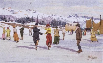 Skridskoåkare på ishallen (litho i färg)