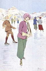Skridskoåkare på isbanan i Engelberg, Schweiz (färg litho)