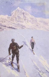 Skidåkare på Mt. Rose, Schweiz (färg litho)