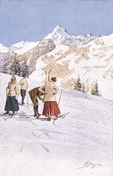 Skidåkare pausar i backarna (färg litho)