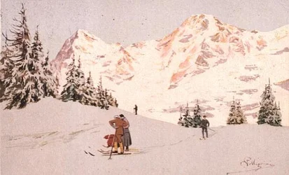 Snowscene at Wengen (färg litho)