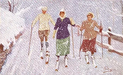Tre skidåkare i en snöstorm (färg litho)
