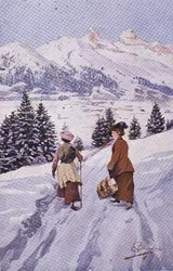 Två kvinnor som går i snön nära Tour d