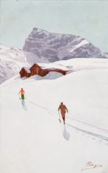 Vandring i bergen nära Engelberg, Schweiz (färglitografi)