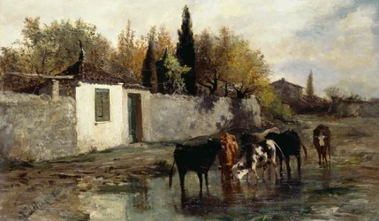 Kor vid tråget, av Carlo Pittara (1836-1891)