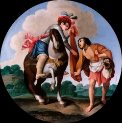""Saint Martin och en tiggare"" (Saint Martin och en tiggare) Målning av Carlo Saraceni (1579-1620), c 1608-1610 - Olja på koppar, Diam 21 cm Staatliche Museen, Berlin