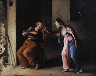 St Peters förnekande. Målning av Carlo Saraceni (1579-1620). Olja på duk. Mått: 38x48cm. Musee Granet, Aix en Provence.