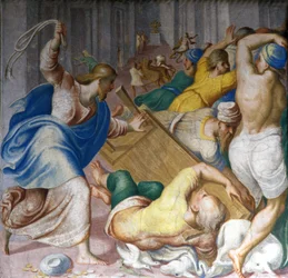 Jesus Kristus driver ut köpmän vid templets portar. Fresk av Carlo Urbino. Milano, S. Maria della Passione.