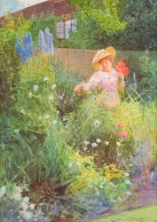 Dam som plockar blommor i en trädgård på landet (akvarell på papper)