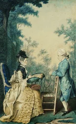En dam som sitter på en terrass och broderar på en tambur, med en liten pojke som står framför henne,