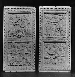 MR 370-371 Kung David beställer och sjunger psalmerna; S:t Hieronymus beordrad av påven Bonifatius att redigera psalmerna, bokomslagstavlor, tyska, Rhenskolan, från Aix la Chapelle, från Dagu