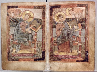 NAL 1203 fol.1v-2 St. Markus och St. Lukas, från Godescale-evangeliet, c.1781-783