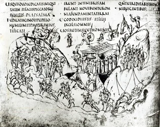 Olika scener som illustrerar en psalm, ur Utrechtpsaltaren, kopia av originalet från Reims som nu finns i Utrechts universitetsbibliotek