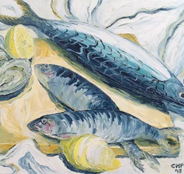 Makrill med ostron och citroner, 1993 (olja på papper)