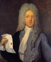 Porträtt av John Law (1671 - 1729) finanskontrollant, Scottish Financial som orsakade konkurs 1720 (Event of Quincampoix Street). Målning av Casimir Balthasar (1811-1875)