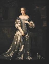 Porträtt av Lady Philippa Stanton och hennes hund som står på en terrass av en skulpterad fris (olja på duk)
