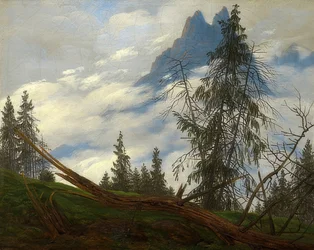Bergstoppar med rörliga moln. Omkring 1835