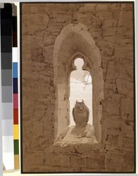 Uggla i ett gotiskt fönster. Verk av Caspar David Friedrich (1774-1840), penna, pensel och sepia på papper