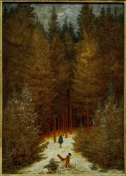 Jägaren i skogen (En snötäckt granskog)