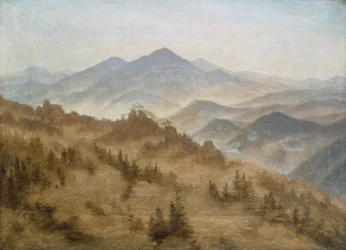 Tyska: Gebirge bei aufsteigenem Nebel Landskap med Rosenberg i Böhmiska bergen
