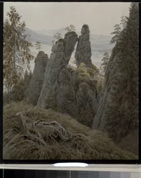 Porten till klipporna i Neurathen (Tyskland). (Klippportarna i Neurathen). Verk av Caspar David Friedrich (1774-1840), akvarell på papper, mellan 1826 och 1828. Tysk konst från 1800-talet, romantik. State Hermitage, Sankt Petersburg.