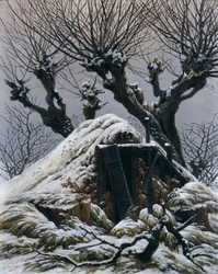 En snötäckt stuga