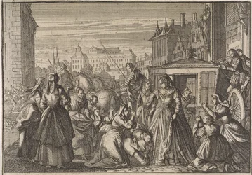Kvinnor som knäböjer inför drottning Anna i Paris, ber henne att sänka skatterna, 1645