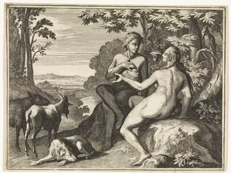 Adam och Eva omgivna av djuren i paradiset