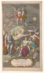 Atlas en Hercules bär sternerhemel Titelsida för: Johann Baptista Homan, En ny atlas över världsriken, kungadömena och staterna som visar exakta geografiska tabeller, 1710