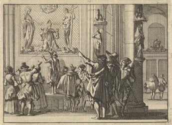 Målat fönster, hittat i kyrkan där efter erövringen av Den Bosch, föreställande biskop Gisbertus Marius mellan Kristus och Maria, 1629