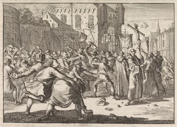 Vid Danzig möts en procession med stenar av folket, 1678