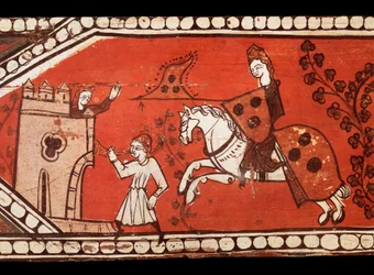 Riddare bär flaggor: riddaren, prinsessan och herauten. Tempera på trä från dekoration av ett tak. 1200-talet.