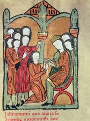 Grevinnan av Bearn svär hyllning till Alfonso II av Aragon, och lovar att inte gifta sig utan hans samtycke, från manuskriptet som kallas "Liber Feudorum Maior" (vellum)