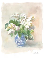 Mjuka vita blommor i blå kanna