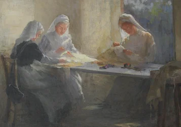 Kensington War Hospital Supply Depot (Kensington Square), tre sjuksköterskor sitter vid ett bord och syr, ca 1916 (olja på duk)