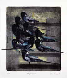Magpie Rhythm, 2016 (mokulito-litografi med handkolorering)