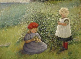 Två flickor som plockar blommor (olja på duk)