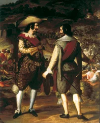Infångandet av San Juan i Puerto Rico (Puerto Rico) (1625). Detalj. I förgrunden pratar Don Juan de Haro med sin assistent. Bakom honom fästningen bevakad av spanjorerna som tvingar holländarna att lämna. Målning av Eugenio Caxes eller Cajes (1577-1634)
