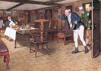 Vid bordet satt herr Tupman och såg ut som olik en man som tagit avsked från denna värld (färg litho)