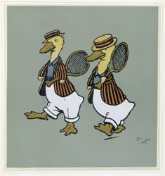 Två ankor i tennisdräkt - i "Merry Party", ill. av Cécil Aldin, red. Hodder & Stoughton, London