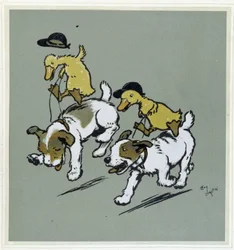 Anka gör "" ridning"" på hundar - i "" Merry Party"", ill. av Cécil Aldin, red. Hodder & Stoughton, London