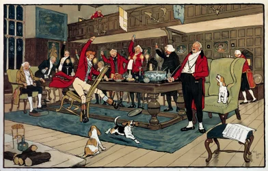 Jägarnas frukost. Tillbaka från jakten berättar jägarna om sina bedrifter. Gravyr av Cecil Aldin (1870-?), England. Saml. Go.