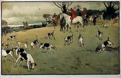 Hunting Scene, A Trail Watercolor av Cecil Aldin (1870-1935) Privat samling från 1800-talet