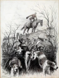 Jaktscen i England: Hundarteckning av Cecil Aldin (1870-1935) Privatsamling från 1800-talet