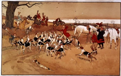 Jaktscen sprang; skytte. Gravyr av Cecil Aldin (1870 -?), England. Coll. Del