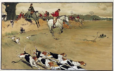 Jaktscen, hundflocken skäller efter akvarellspelet av Cecil Aldin (1870-1935) Privat samling från 1800-talet